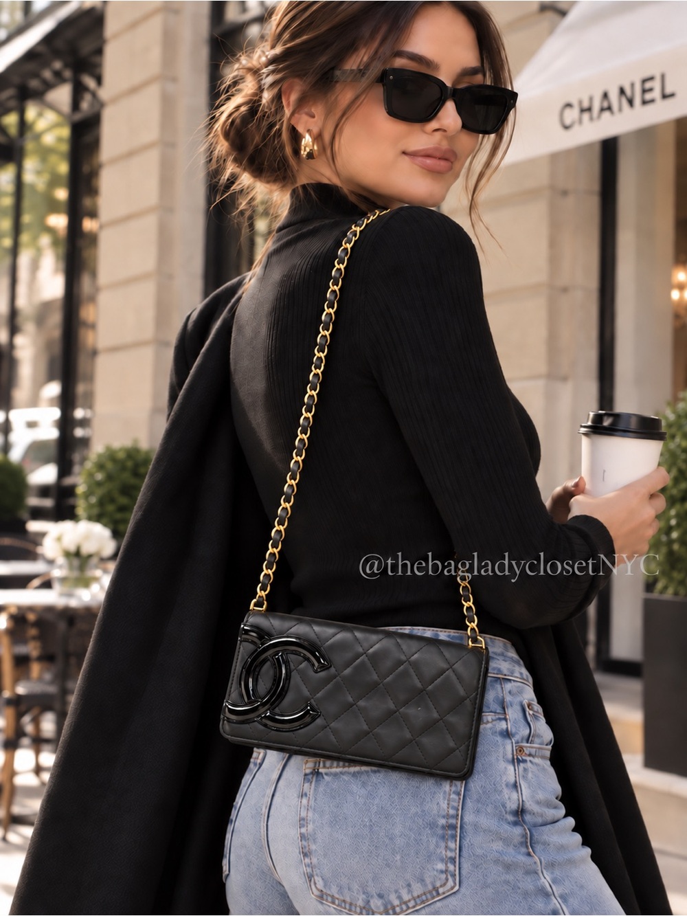 🖤👑CHANEL CLASSY Quilted Lambskin Flap Bag / Wallet in Black with Gold Chain